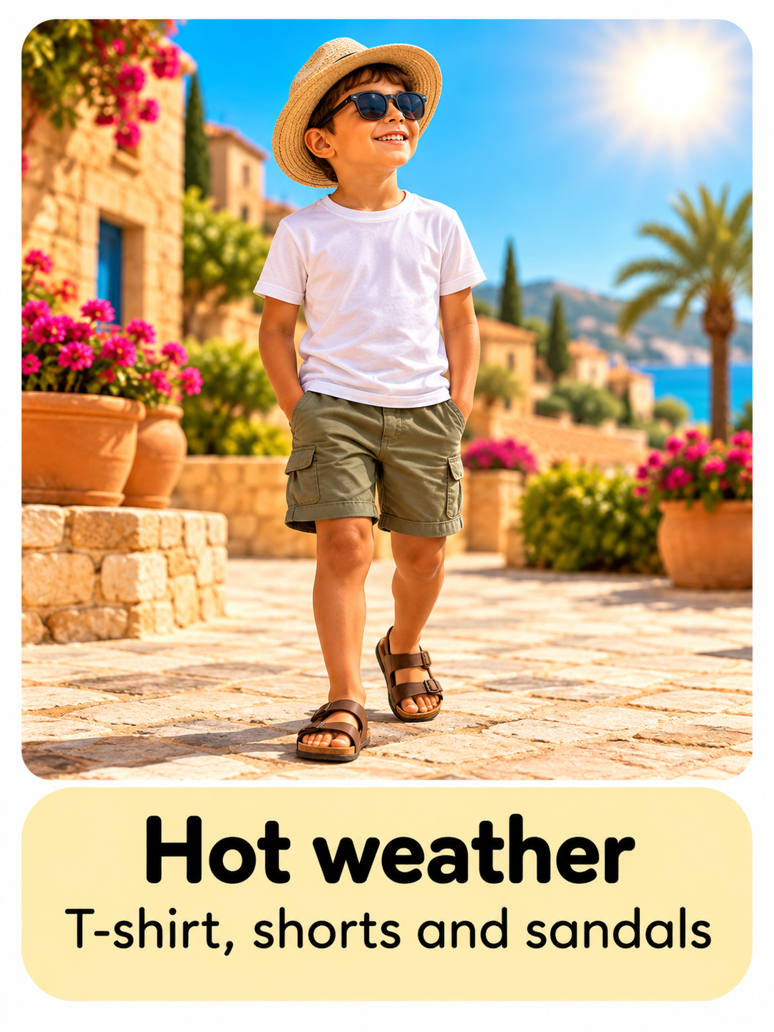 Hot weather: T-shirt, shorts and sandals